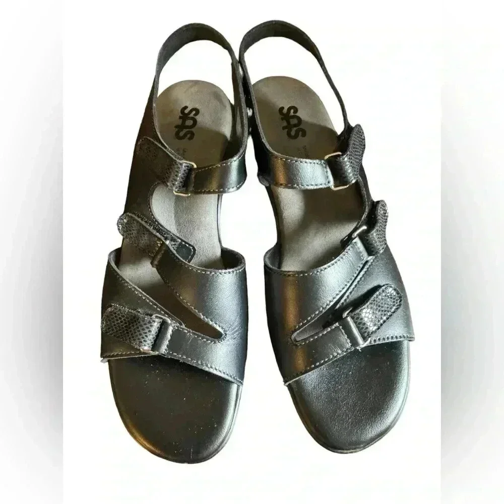 SAS Black Sandals Work Shoes Comfort Adjustable Leather Heels Extra Toe Room